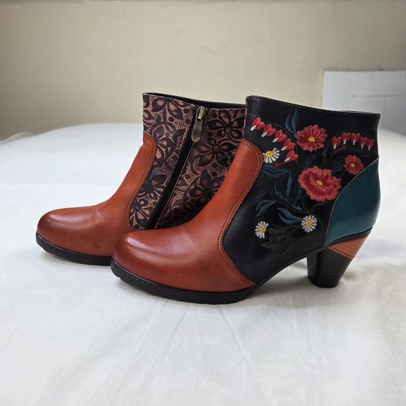 Socofy Leather Heeled Boots Embroidered Patchwork Hippie Fairy Size 40 (9) - Picture 6 of 11